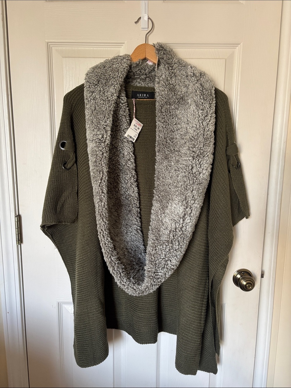 AKIRA Olive Green Knit Poncho with Gray Sherpa Scarf